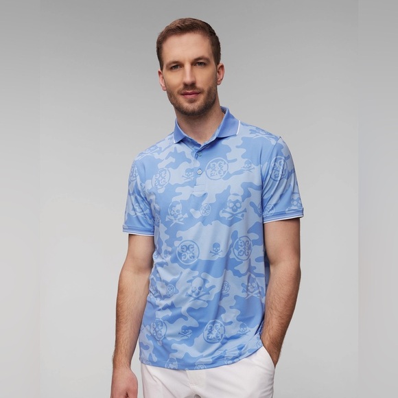 Men's light blue G/Fore Exploded Camo Tech Jersey Polo - Picture 1 of 6